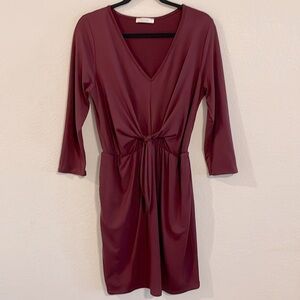 Entro Women's Midi Dress Medium Burgundy Long Sleeve Stretch Gathered Tie Waist